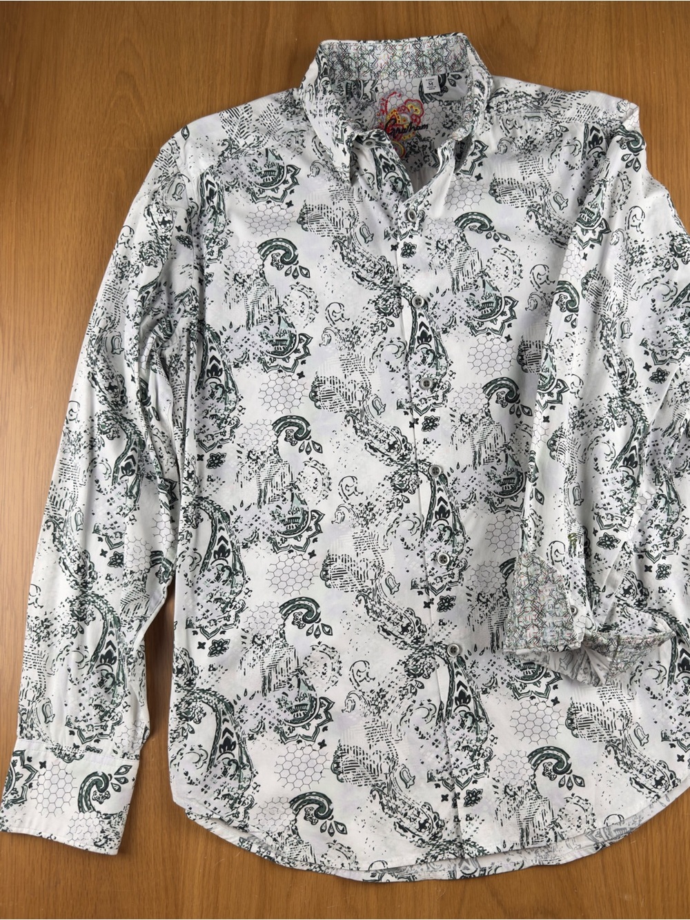 Robert Graham Men's M Classic Fit White Green Paisley Button Up Shirt Flip Cuff